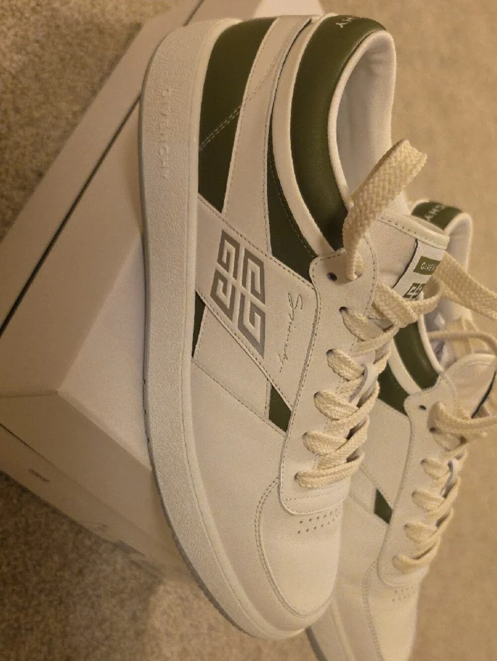 Brand New Givenchy Low-Top Leather Sneakers in White with Khaki Accents